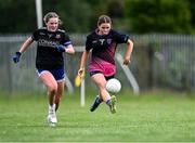 2 August 2025; Eva Donnellan of St Manchan's, Offaly, right, in action against Cumann Pheadair Naofa, Down, in the Intermediate competition at the O’Neills All-Ireland Club 7s competitions at Naomh Mearnóg GAA Club in Portmarnock, Dublin. Photo by Piaras Ó Mídheach/Sportsfile