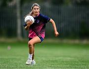 2 August 2025; Saoirse McGuinness of St Manchan's, Offaly, in action against Cumann Pheadair Naofa, Down, in the Intermediate competition at the O’Neills All-Ireland Club 7s competitions at Naomh Mearnóg GAA Club in Portmarnock, Dublin. Photo by Piaras Ó Mídheach/Sportsfile