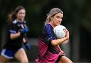 2 August 2025; Saoirse McGuinness of St Manchan's, Offaly, in action against Cumann Pheadair Naofa, Down, in the Intermediate competition at the O’Neills All-Ireland Club 7s competitions at Naomh Mearnóg GAA Club in Portmarnock, Dublin. Photo by Piaras Ó Mídheach/Sportsfile