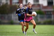 2 August 2025; Saoirse McGuinness of St Manchan's, Offaly, right, in action against Cumann Pheadair Naofa, Down, in the Intermediate competition at the O’Neills All-Ireland Club 7s competitions at Naomh Mearnóg GAA Club in Portmarnock, Dublin. Photo by Piaras Ó Mídheach/Sportsfile