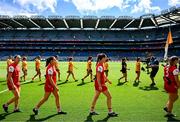 3 August 2025; Players in the parade before the TG4 All-Ireland Ladies Football Junior Championship final match between Antrim and Louth at Croke Park in Dublin. Photo by Piaras Ó Mídheach/Sportsfile