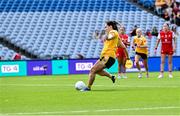 3 August 2025; Bronagh Devlin of Antrim scores her side's first goal, from a penalty, during the TG4 All-Ireland Ladies Football Junior Championship final match between Antrim and Louth at Croke Park in Dublin. Photo by Piaras Ó Mídheach/Sportsfile