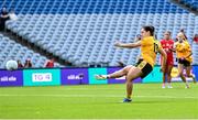 3 August 2025; Bronagh Devlin of Antrim scores her side's first goal, from a penalty, during the TG4 All-Ireland Ladies Football Junior Championship final match between Antrim and Louth at Croke Park in Dublin. Photo by Piaras Ó Mídheach/Sportsfile