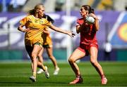 3 August 2025; Eimear Byrne of Louth in action against Theresa Mellon of Antrim during the TG4 All-Ireland Ladies Football Junior Championship final match between Antrim and Louth at Croke Park in Dublin. Photo by Shauna Clinton/Sportsfile