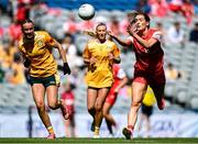 3 August 2025; Eimear Byrne of Louth makes a pass during the TG4 All-Ireland Ladies Football Junior Championship final match between Antrim and Louth at Croke Park in Dublin. Photo by Shauna Clinton/Sportsfile