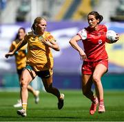 3 August 2025; Eimear Byrne of Louth in action against Theresa Mellon of Antrim during the TG4 All-Ireland Ladies Football Junior Championship final match between Antrim and Louth at Croke Park in Dublin. Photo by Shauna Clinton/Sportsfile