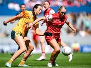 3 August 2025; Aoife Russell of Louth in action against Sarah O'Neill of Antrim during the TG4 All-Ireland Ladies Football Junior Championship final match between Antrim and Louth at Croke Park in Dublin. Photo by Shauna Clinton/Sportsfile