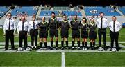 3 August 2025; Referee Kevin Corcoran and his officials before the TG4 All-Ireland Ladies Football Junior Championship final match between Antrim and Louth at Croke Park in Dublin. Photo by Shauna Clinton/Sportsfile