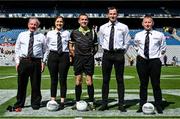 3 August 2025; Referee Kevin Corcoran and his officials before the TG4 All-Ireland Ladies Football Junior Championship final match between Antrim and Louth at Croke Park in Dublin. Photo by Shauna Clinton/Sportsfile