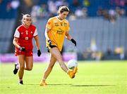 3 August 2025; Maria O'Neill of Antrim gets away from Holly Lambe Sally of Louth during the TG4 All-Ireland Ladies Football Junior Championship final match between Antrim and Louth at Croke Park in Dublin. Photo by Piaras Ó Mídheach/Sportsfile