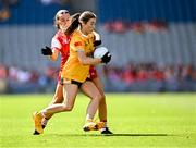 3 August 2025; Maria O'Neill of Antrim in action against Holly Lambe Sally of Louth during the TG4 All-Ireland Ladies Football Junior Championship final match between Antrim and Louth at Croke Park in Dublin. Photo by Piaras Ó Mídheach/Sportsfile