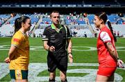 3 August 2025; Referee Kevin Corcoran is joined by Antrim captain Bronagh Devlin, left, and Louth captain Áine Breen for the coin toss before the TG4 All-Ireland Ladies Football Junior Championship final match between Antrim and Louth at Croke Park in Dublin. Photo by Shauna Clinton/Sportsfile