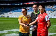 3 August 2025; Referee Kevin Corcoran with Antrim captain Bronagh Devlin, left, and Louth captain Áine Breen before the TG4 All-Ireland Ladies Football Junior Championship final match between Antrim and Louth at Croke Park in Dublin. Photo by Shauna Clinton/Sportsfile