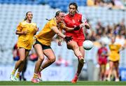 3 August 2025; Eimear Byrne of Louth in action against Ciara Brown of Antrim during the TG4 All-Ireland Ladies Football Junior Championship final match between Antrim and Louth at Croke Park in Dublin. Photo by Shauna Clinton/Sportsfile