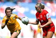 3 August 2025; Aoife Russell of Louth in action against Niamh McIntosh of Antrim during the TG4 All-Ireland Ladies Football Junior Championship final match between Antrim and Louth at Croke Park in Dublin. Photo by Shauna Clinton/Sportsfile