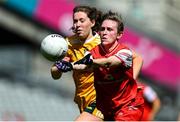 3 August 2025; Louise Byrne of Louth in action against Laura Agnew of Antrim during the TG4 All-Ireland Ladies Football Junior Championship final match between Antrim and Louth at Croke Park in Dublin. Photo by Shauna Clinton/Sportsfile