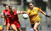 3 August 2025; Maria O'Neill of Antrim in action against Rachel Beirth of Louth during the TG4 All-Ireland Ladies Football Junior Championship final match between Antrim and Louth at Croke Park in Dublin. Photo by Shauna Clinton/Sportsfile