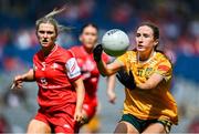3 August 2025; Maria O'Neill of Antrim in action against Rachel Beirth of Louth during the TG4 All-Ireland Ladies Football Junior Championship final match between Antrim and Louth at Croke Park in Dublin. Photo by Shauna Clinton/Sportsfile