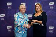 3 August 2025; Uachtarán Cumann Peil Gael na mBan, Trina Murray, makes a presentation to Eleanor Hickey of Waterford during a pre-match event at Croke Park to honour the squads who represented Mayo and Waterford in the 1999 and 2000 All-Ireland Ladies Senior Football Championship Finals. Photo by Seb Daly/Sportsfile