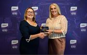 3 August 2025; Uachtarán Cumann Peil Gael na mBan, Trina Murray, makes a presentation to Deirdre Breathnach of Waterford during a pre-match event at Croke Park to honour the squads who represented Mayo and Waterford in the 1999 and 2000 All-Ireland Ladies Senior Football Championship Finals. Photo by Seb Daly/Sportsfile
