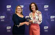 3 August 2025; Uachtarán Cumann Peil Gael na mBan, Trina Murray, makes a presentation to Fiona O’Reilly during a pre-match event at Croke Park to honour the squads who represented Mayo and Waterford in the 1999 and 2000 All-Ireland Ladies Senior Football Championship Finals. Photo by Seb Daly/Sportsfile