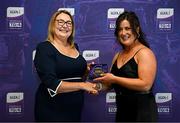 3 August 2025; Uachtarán Cumann Peil Gael na mBan, Trina Murray, makes a presentation to Donna Frost of Waterford during a pre-match event at Croke Park to honour the squads who represented Mayo and Waterford in the 1999 and 2000 All-Ireland Ladies Senior Football Championship Finals. Photo by Seb Daly/Sportsfile