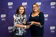 3 August 2025; Uachtarán Cumann Peil Gael na mBan, Trina Murray, makes a presentation to Catriona Casey of Waterford during a pre-match event at Croke Park to honour the squads who represented Mayo and Waterford in the 1999 and 2000 All-Ireland Ladies Senior Football Championship Finals. Photo by Seb Daly/Sportsfile