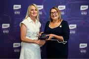 3 August 2025; Uachtarán Cumann Peil Gael na mBan, Trina Murray, makes a presentation to Nuala Hearne of Waterford during a pre-match event at Croke Park to honour the squads who represented Mayo and Waterford in the 1999 and 2000 All-Ireland Ladies Senior Football Championship Finals. Photo by Seb Daly/Sportsfile
