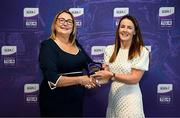 3 August 2025; Uachtarán Cumann Peil Gael na mBan, Trina Murray, makes a presentation to Rebecca Hallahan of Waterford during a pre-match event at Croke Park to honour the squads who represented Mayo and Waterford in the 1999 and 2000 All-Ireland Ladies Senior Football Championship Finals. Photo by Seb Daly/Sportsfile