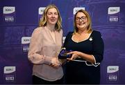 3 August 2025; Uachtarán Cumann Peil Gael na mBan, Trina Murray, makes a presentation to Julie May Keane of Waterford during a pre-match event at Croke Park to honour the squads who represented Mayo and Waterford in the 1999 and 2000 All-Ireland Ladies Senior Football Championship Finals. Photo by Seb Daly/Sportsfile