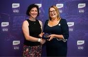 3 August 2025; Uachtarán Cumann Peil Gael na mBan, Trina Murray, makes a presentation to Aine Ryan of Waterford during a pre-match event at Croke Park to honour the squads who represented Mayo and Waterford in the 1999 and 2000 All-Ireland Ladies Senior Football Championship Finals. Photo by Seb Daly/Sportsfile