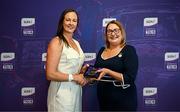 3 August 2025; Uachtarán Cumann Peil Gael na mBan, Trina Murray, makes a presentation to Mary O’Donnell of Waterford during a pre-match event at Croke Park to honour the squads who represented Mayo and Waterford in the 1999 and 2000 All-Ireland Ladies Senior Football Championship Finals. Photo by Seb Daly/Sportsfile