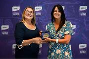 3 August 2025; Uachtarán Cumann Peil Gael na mBan, Trina Murray, makes a presentation to Annalisa Crotty of Waterford during a pre-match event at Croke Park to honour the squads who represented Mayo and Waterford in the 1999 and 2000 All-Ireland Ladies Senior Football Championship Finals. Photo by Seb Daly/Sportsfile