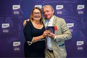 3 August 2025; Uachtarán Cumann Peil Gael na mBan, Trina Murray, makes a presentation to James O’Toole of Mayo during a pre-match event at Croke Park to honour the squads who represented Mayo and Waterford in the 1999 and 2000 All-Ireland Ladies Senior Football Championship Finals. Photo by Seb Daly/Sportsfile