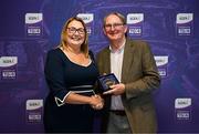3 August 2025; Uachtarán Cumann Peil Gael na mBan, Trina Murray, makes a presentation to Dr Kieran O’Reilly of Mayo during a pre-match event at Croke Park to honour the squads who represented Mayo and Waterford in the 1999 and 2000 All-Ireland Ladies Senior Football Championship Finals. Photo by Seb Daly/Sportsfile