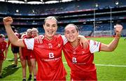 3 August 2025; Laura Collins, left, and Eilís Hand of Louth celebrates after their side's victory in the TG4 All-Ireland Ladies Football Junior Championship final match between Antrim and Louth at Croke Park in Dublin. Photo by Piaras Ó Mídheach/Sportsfile