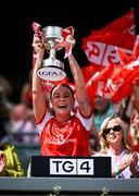 3 August 2025; Louth captain Áine Breen lifts The West County Hotel cup after her side's victory in the TG4 All-Ireland Ladies Football Junior Championship final match between Antrim and Louth at Croke Park in Dublin. Photo by Piaras Ó Mídheach/Sportsfile