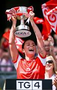 3 August 2025; Louth captain Áine Breen lifts The West County Hotel cup after her side's victory in the TG4 All-Ireland Ladies Football Junior Championship final match between Antrim and Louth at Croke Park in Dublin. Photo by Piaras Ó Mídheach/Sportsfile