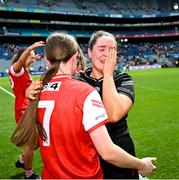 3 August 2025; Louth goalkeeper Katie Halligan, right, and Louise Byrne of Louth celebrates after their side's victory in the TG4 All-Ireland Ladies Football Junior Championship final match between Antrim and Louth at Croke Park in Dublin. Photo by Piaras Ó Mídheach/Sportsfile