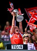 3 August 2025; Louth captain Áine Breen lifts The West County Hotel cup after her side's victory in the TG4 All-Ireland Ladies Football Junior Championship final match between Antrim and Louth at Croke Park in Dublin. Photo by Piaras Ó Mídheach/Sportsfile