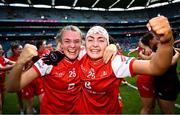 3 August 2025; Louth players Mischa Rooney, left, and Mia Duffy celebrate after their side's victory in the TG4 All-Ireland Ladies Football Junior Championship final match between Antrim and Louth at Croke Park in Dublin. Photo by Piaras Ó Mídheach/Sportsfile