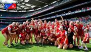 3 August 2025; The Louth celebrates with the cup after their side's victory in the TG4 All-Ireland Ladies Football Junior Championship final match between Antrim and Louth at Croke Park in Dublin. Photo by Piaras Ó Mídheach/Sportsfile