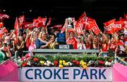 3 August 2025; Louth captain Áine Breen lifts The West County Hotel cup after her side's victory in the TG4 All-Ireland Ladies Football Junior Championship final match between Antrim and Louth at Croke Park in Dublin. Photo by Shauna Clinton/Sportsfile