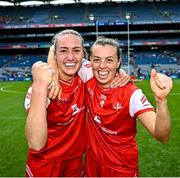 3 August 2025; Kate Flood, left, and Eimear Murray of Louth celebrates after their side's victory in the TG4 All-Ireland Ladies Football Junior Championship final match between Antrim and Louth at Croke Park in Dublin. Photo by Piaras Ó Mídheach/Sportsfile