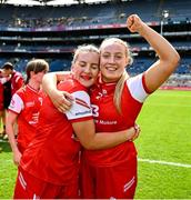 3 August 2025; Aoife Halligan, left, and Seona Halligan of Louth celebrates after their side's victory in the TG4 All-Ireland Ladies Football Junior Championship final match between Antrim and Louth at Croke Park in Dublin. Photo by Piaras Ó Mídheach/Sportsfile