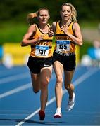 3 August 2025; Niamh Allen of Leevale AC, Cork,  right, on her way to winning the senior women's 5000m ahead of Anika Thompson of Leevale AC, Cork, left, who finished second, during day two of the 153rd 123.ie National Track & Field Senior Championships at Morton Stadium in Dublin. Photo by Sam Barnes/Sportsfile