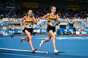 3 August 2025; Niamh Allen of Leevale AC, Cork,  right, on her way to winning the senior women's 5000m ahead of Anika Thompson of Leevale AC, Cork, centre, who finished second, during day two of the 153rd 123.ie National Track & Field Senior Championships at Morton Stadium in Dublin. Photo by Sam Barnes/Sportsfile