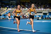 3 August 2025; Niamh Allen of Leevale AC, Cork,  right, on her way to winning the senior women's 5000m ahead of Anika Thompson of Leevale AC, Cork, centre, who finished second, during day two of the 153rd 123.ie National Track & Field Senior Championships at Morton Stadium in Dublin. Photo by Sam Barnes/Sportsfile