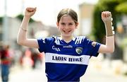 3 August 2025; Laois supporter Olivia Hawe, age 9, from Portlaoise, Laois, before the TG4 All-Ireland Ladies Football Intermediate Championship final match between Laois and Tyrone at Croke Park in Dublin. Photo by Seb Daly/Sportsfile