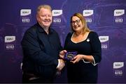 3 August 2025; Uachtarán Cumann Peil Gael na mBan, Trina Murray, makes a presentation to Finbarr Egan of Mayo during a pre-match event at Croke Park to honour the squads who represented Mayo and Waterford in the 1999 and 2000 All-Ireland Ladies Senior Football Championship Finals. Photo by Seb Daly/Sportsfile